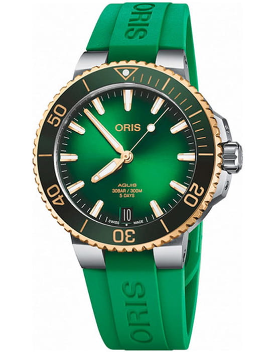 Oris Oris Aquis Date Calibre 400 01 400 7769 6357-07 4 22 77FC  01 400 7769 6357-07 4 22 77FC механические мужские часы зеленый циферблат, браслет каучук — вид спереди